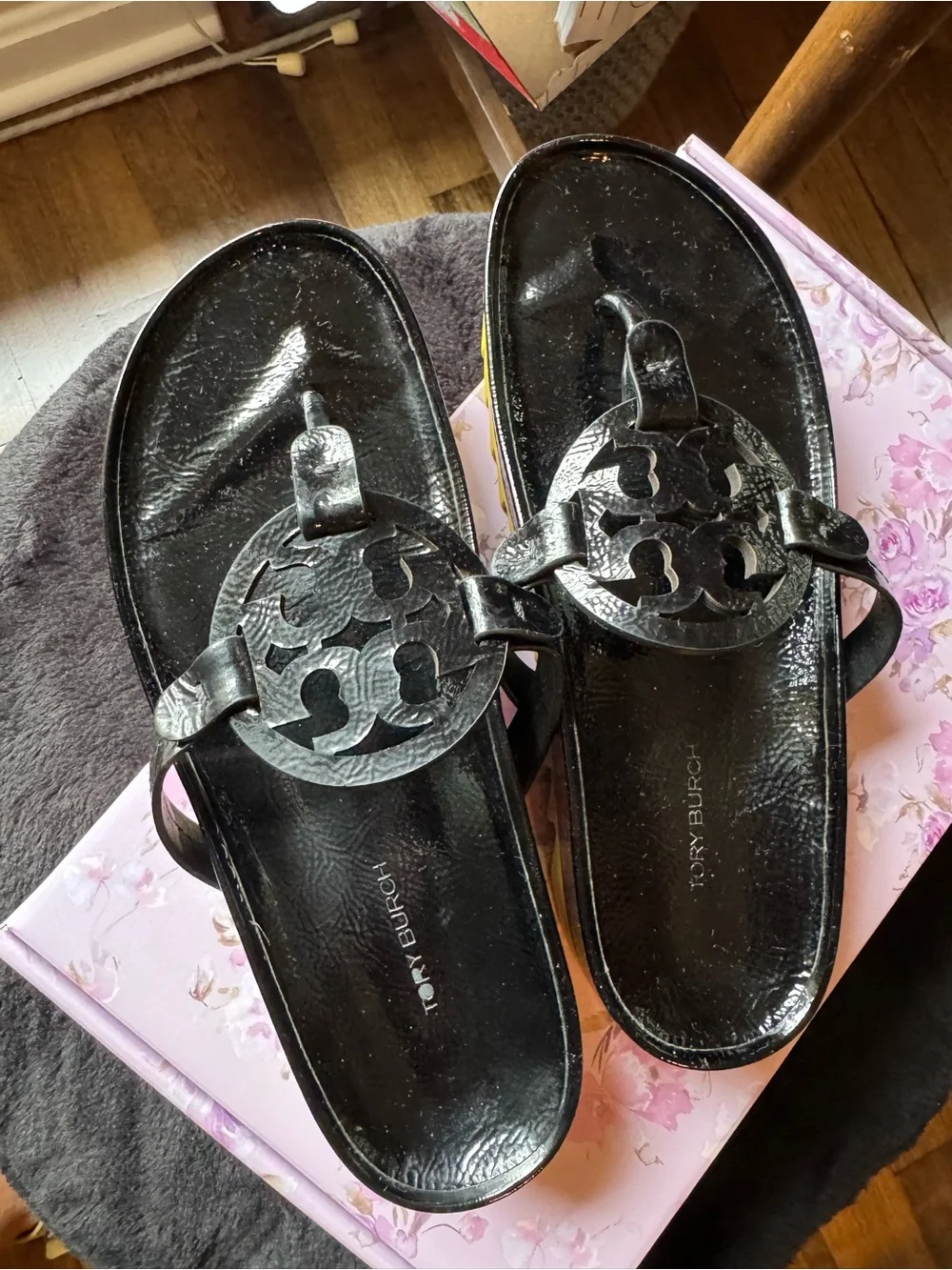 Tory Burch Miller Cloud Lug Sandal Black Patent Leather Logo Cutout platform